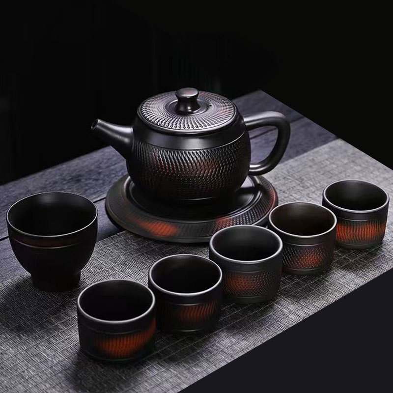 Set ceainic din ceramică mov Jianshui, complet lucrat manual, cu model cu cuțit, stil Han Tile, capacitate mare
