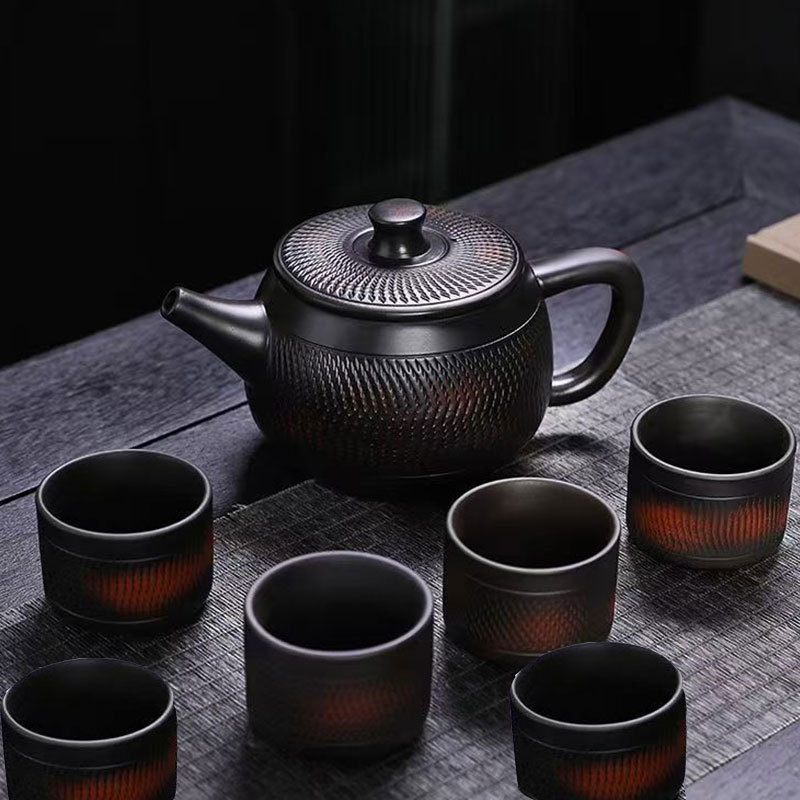 Set ceainic din ceramică mov Jianshui, complet lucrat manual, cu model cu cuțit, stil Han Tile, capacitate mare