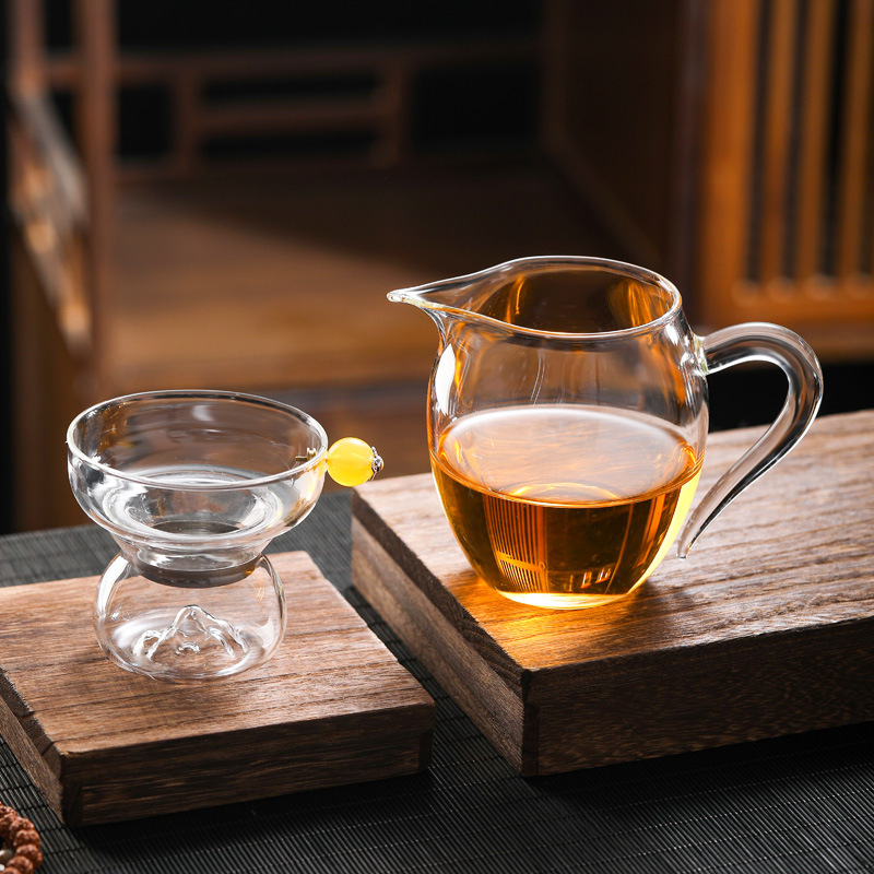 Set de ceai din sticlă borosilicată rezistentă la temperaturi, cu filtru, ceșcuță și accesorii în stil chinezesc
