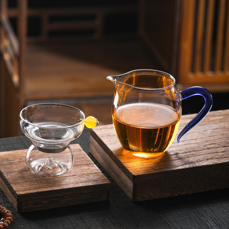 Set de ceai din sticlă borosilicată rezistentă la temperaturi, cu filtru, ceșcuță și accesorii în stil chinezesc