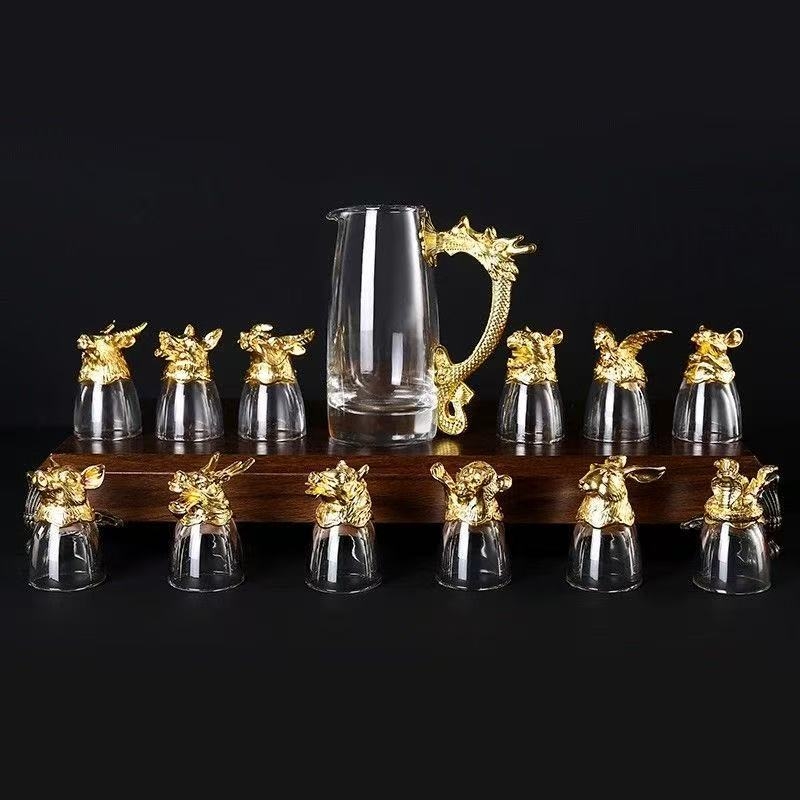 Set de pahare pentru lichior în stil chinezesc, cu 12 zodii, sticlă cristal, pahar pentru shot, dozator de băuturi în cutie cadou, en gros