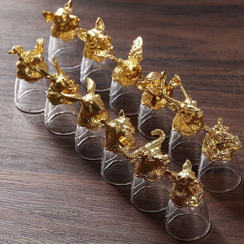 Set de pahare pentru lichior în stil chinezesc, cu 12 zodii, sticlă cristal, pahar pentru shot, dozator de băuturi în cutie cadou, en gros