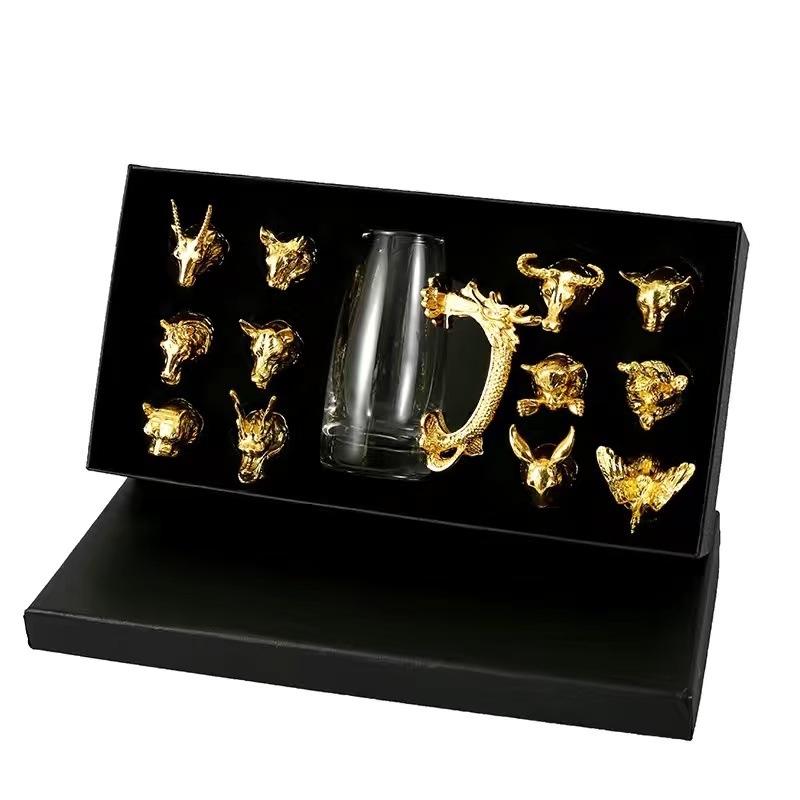 Set de pahare pentru lichior în stil chinezesc, cu 12 zodii, sticlă cristal, pahar pentru shot, dozator de băuturi în cutie cadou, en gros