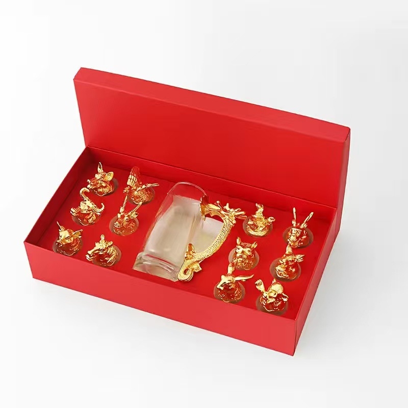 Set de pahare pentru lichior în stil chinezesc, cu 12 zodii, sticlă cristal, pahar pentru shot, dozator de băuturi în cutie cadou, en gros