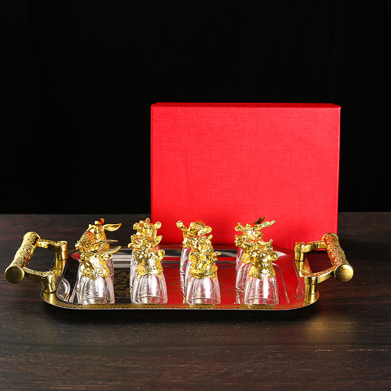 Set de pahare pentru lichior în stil chinezesc, cu 12 zodii, sticlă cristal, pahar pentru shot, dozator de băuturi în cutie cadou, en gros