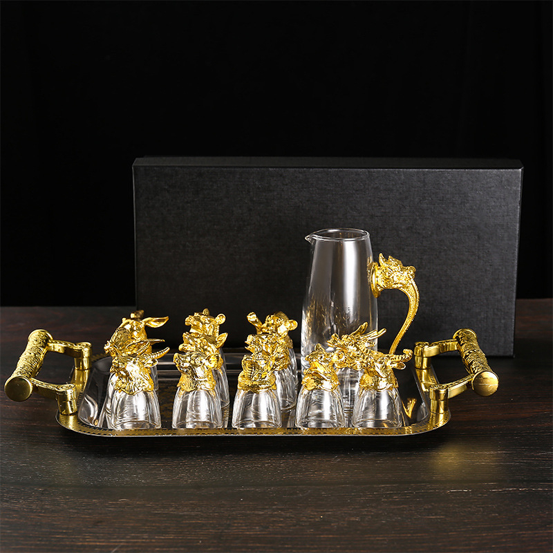Set de pahare pentru lichior în stil chinezesc, cu 12 zodii, sticlă cristal, pahar pentru shot, dozator de băuturi în cutie cadou, en gros