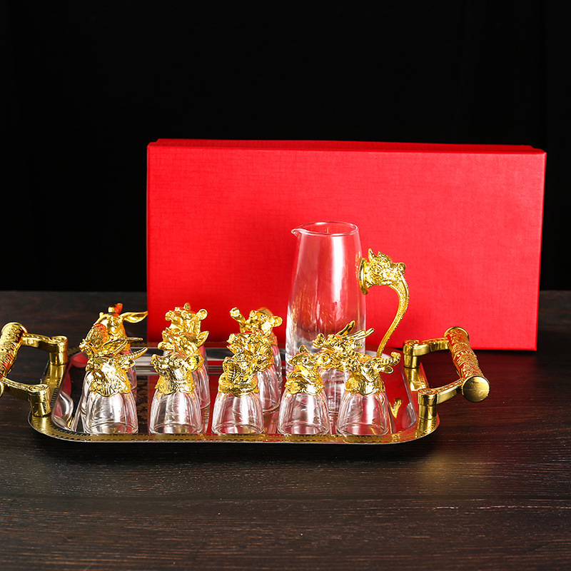 Set de pahare pentru lichior în stil chinezesc, cu 12 zodii, sticlă cristal, pahar pentru shot, dozator de băuturi în cutie cadou, en gros