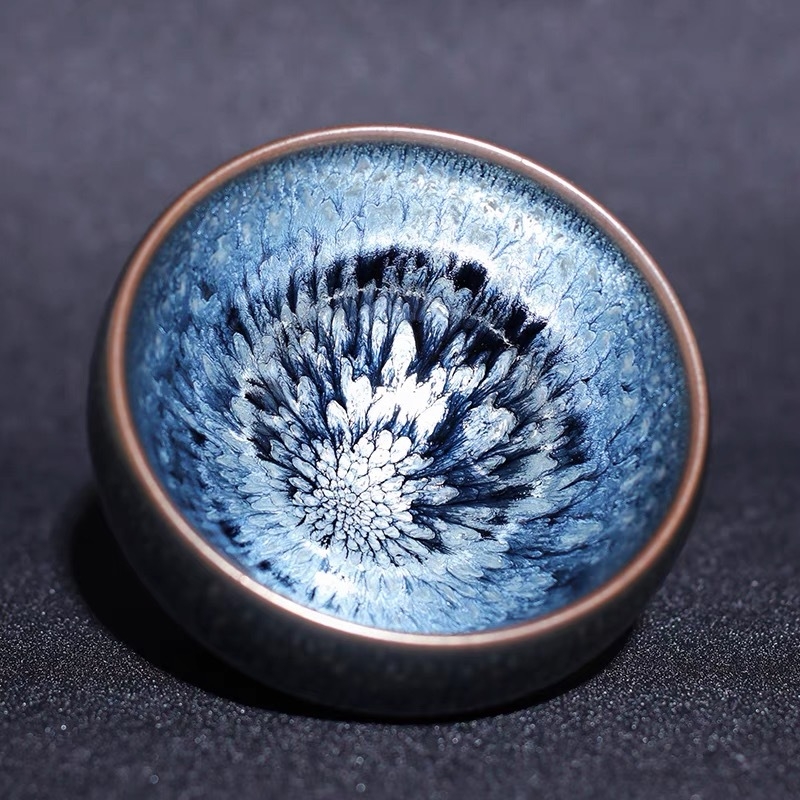 Ceașcă de ceai Jianyang Jianyao – Hundred Flowers Blue Kirin Gold, Jian Zhan Master Cup, Oil-Drop Peony Pair Cup