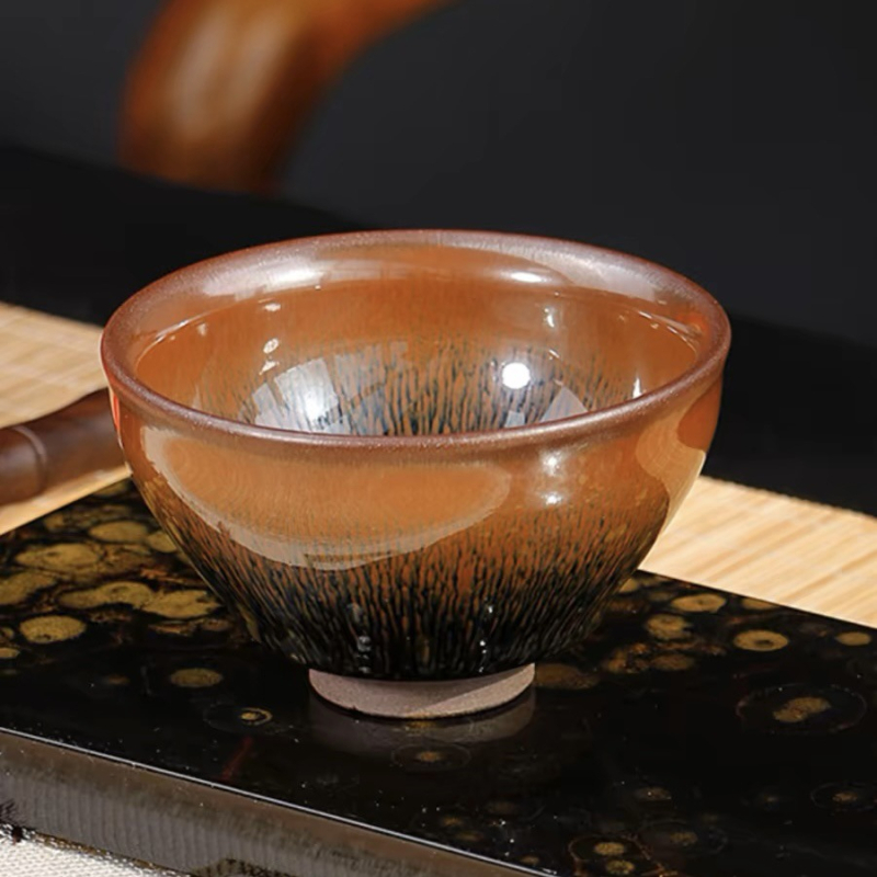 Ceașcă de ceai Jianyang Jianyao – Hundred Flowers Blue Kirin Gold, Jian Zhan Master Cup, Oil-Drop Peony Pair Cup