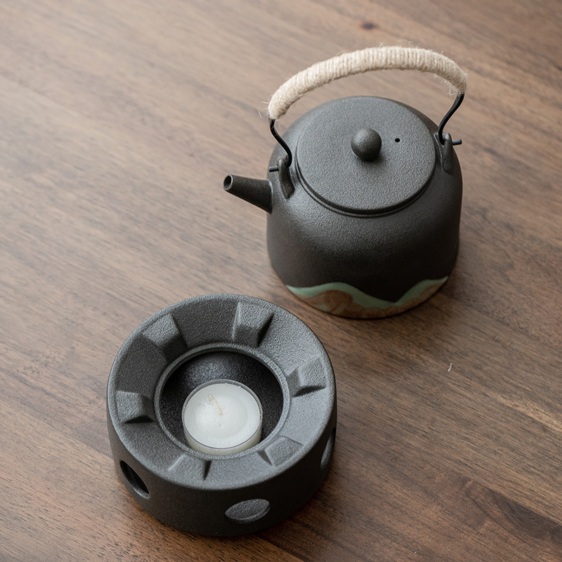 Ceainic ceramic negru pentru uz casnic, ceainic pentru prepararea ceaiului, set Kung Fu de ceai, ceai în stil retro încălzit cu lumânare