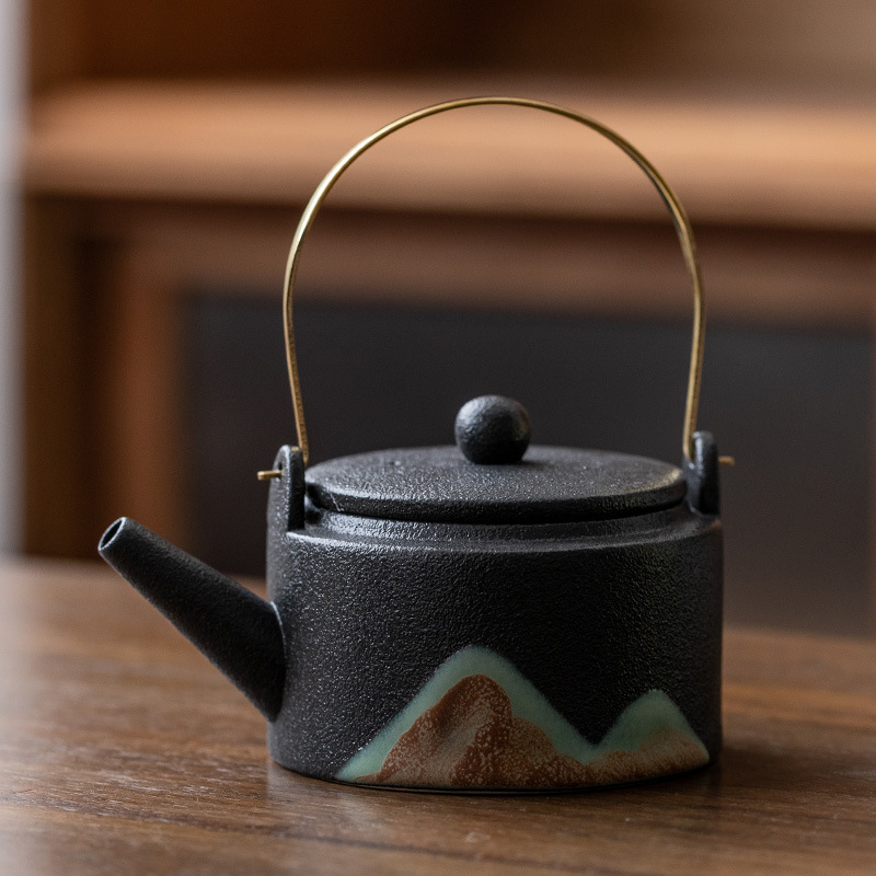 Ceainic ceramic negru pentru uz casnic, ceainic pentru prepararea ceaiului, set Kung Fu de ceai, ceai în stil retro încălzit cu lumânare