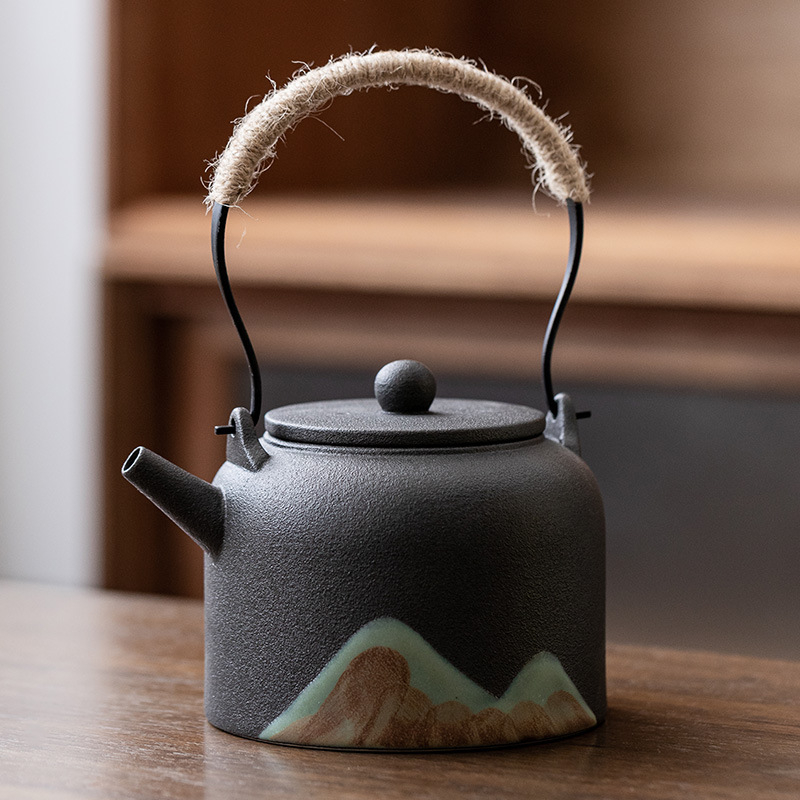 Ceainic ceramic negru pentru uz casnic, ceainic pentru prepararea ceaiului, set Kung Fu de ceai, ceai în stil retro încălzit cu lumânare