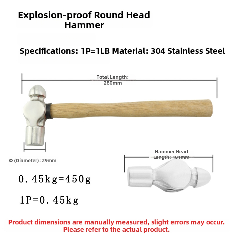 5051 Bofang Nipeli z 304 ocele, nem magnetické Nipple Hammer, 2 lb–2,5 lb, drevená alebo gumová rukoväť, guľatá hlava