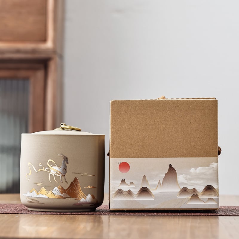 Recipient ceramic pentru ceai cu capac etanș, stil lut mov, depozitare Pu'er, cutie cadou