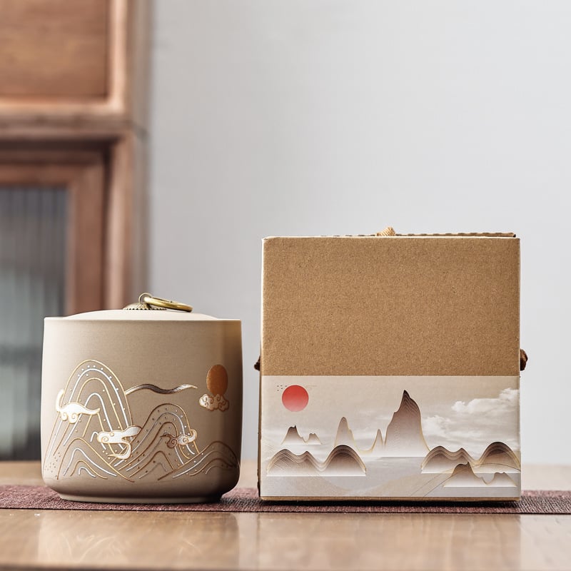 Recipient ceramic pentru ceai cu capac etanș, stil lut mov, depozitare Pu'er, cutie cadou