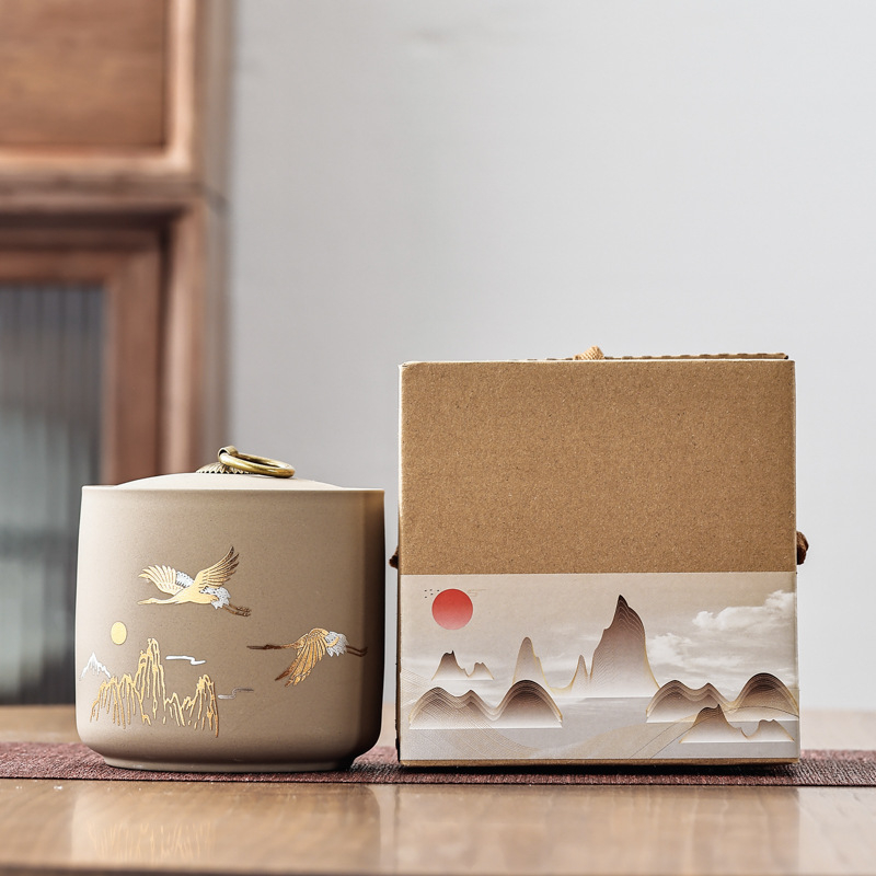 Recipient ceramic pentru ceai cu capac etanș, stil lut mov, depozitare Pu'er, cutie cadou