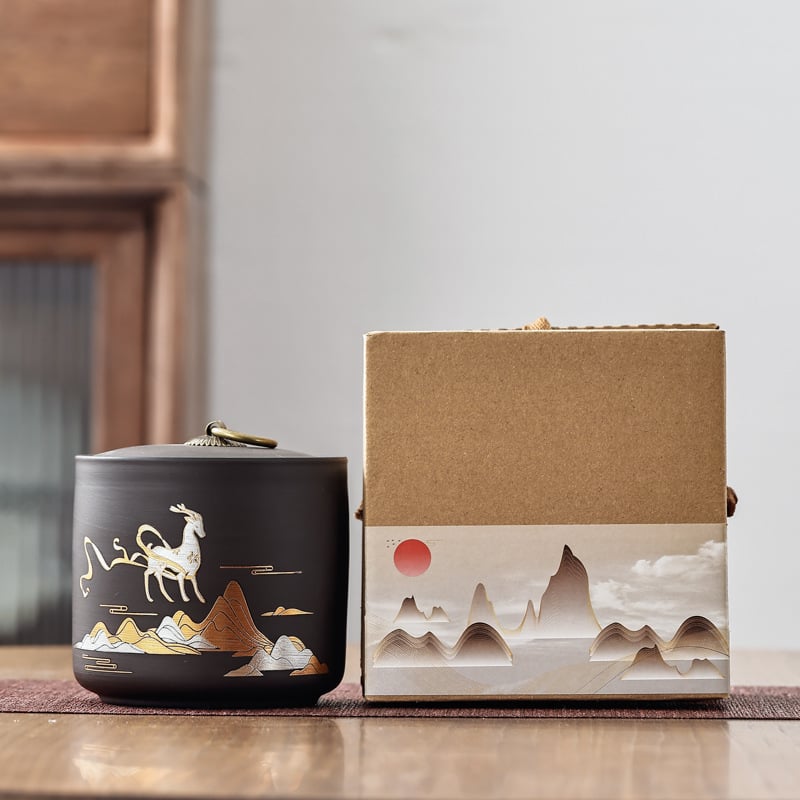 Recipient ceramic pentru ceai cu capac etanș, stil lut mov, depozitare Pu'er, cutie cadou