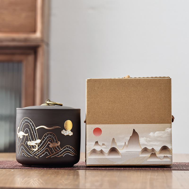 Recipient ceramic pentru ceai cu capac etanș, stil lut mov, depozitare Pu'er, cutie cadou