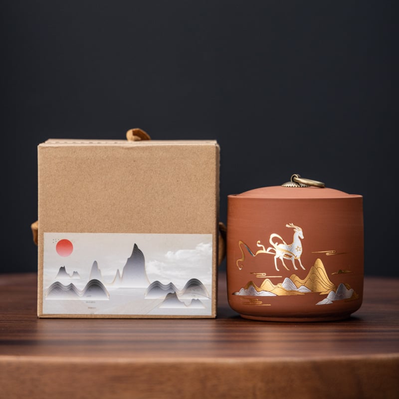 Recipient ceramic pentru ceai cu capac etanș, stil lut mov, depozitare Pu'er, cutie cadou