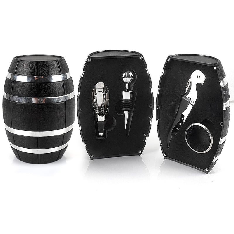 Set de accesorii pentru vin, în formă de butoi, cu deschizător de sticle, dop, tăietor de folie și cuțit