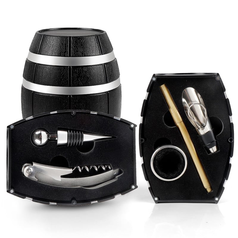 Set de accesorii pentru vin, în formă de butoi, cu deschizător de sticle, dop, tăietor de folie și cuțit