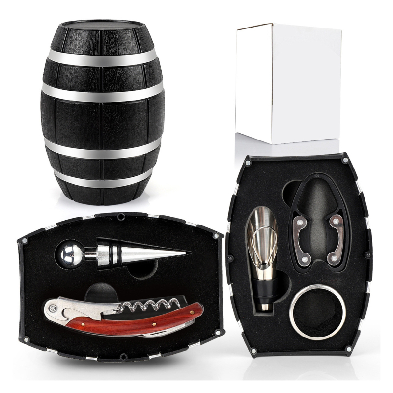 Set de accesorii pentru vin, în formă de butoi, cu deschizător de sticle, dop, tăietor de folie și cuțit