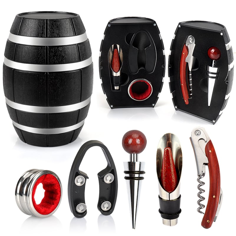 Set de accesorii pentru vin, în formă de butoi, cu deschizător de sticle, dop, tăietor de folie și cuțit