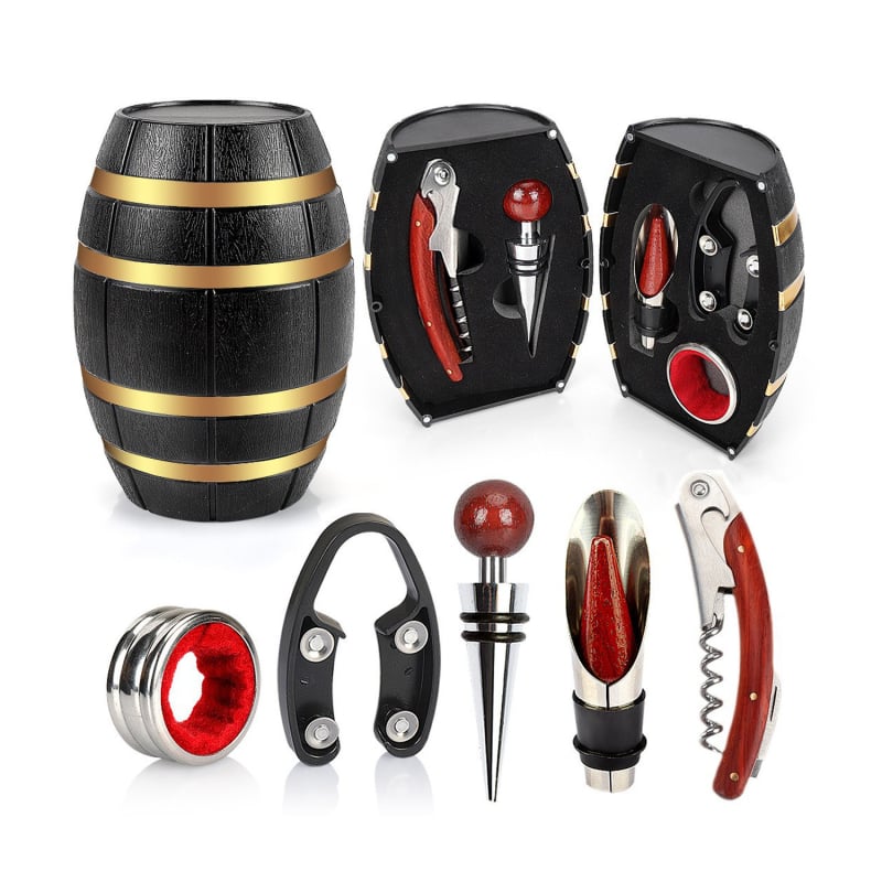 Set de accesorii pentru vin, în formă de butoi, cu deschizător de sticle, dop, tăietor de folie și cuțit