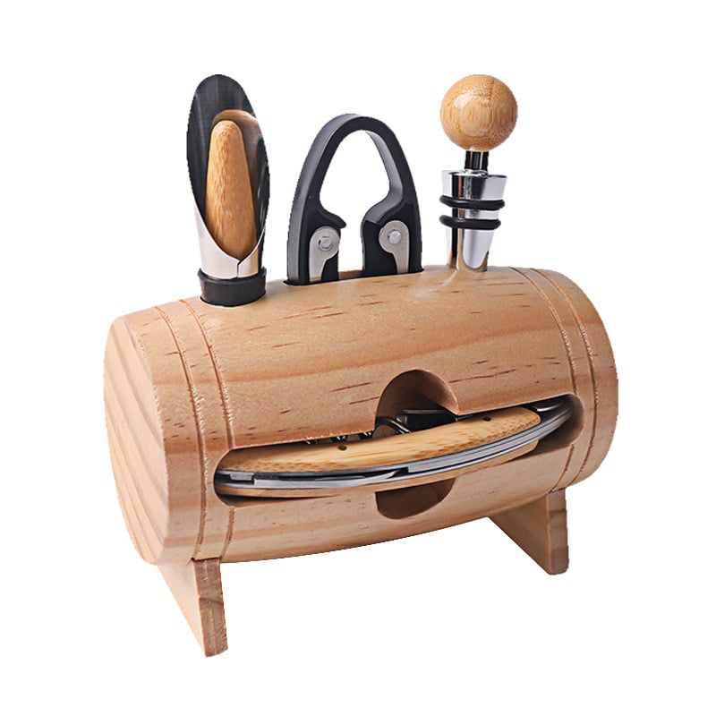 Set de accesorii pentru vin, în formă de butoi, cu deschizător de sticle, dop, tăietor de folie și cuțit