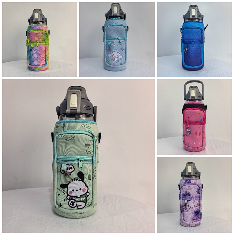 Protecție izolată pentru ceașcă în stil desen animat, curea cross-body, capacitate mare, material de scufundare, izolație termică, anti-cădere, husă portabilă pentru ceașcă