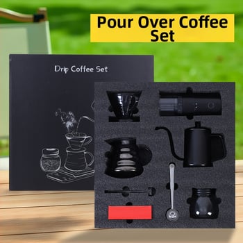 Set de cafea pentru exterior pour-over, cu râșniță manuală, carafă de cafea, cești, filtre de hârtie și linguriță de măsurare