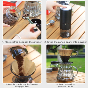 Set de cafea pentru exterior pour-over, cu râșniță manuală, carafă de cafea, cești, filtre de hârtie și linguriță de măsurare