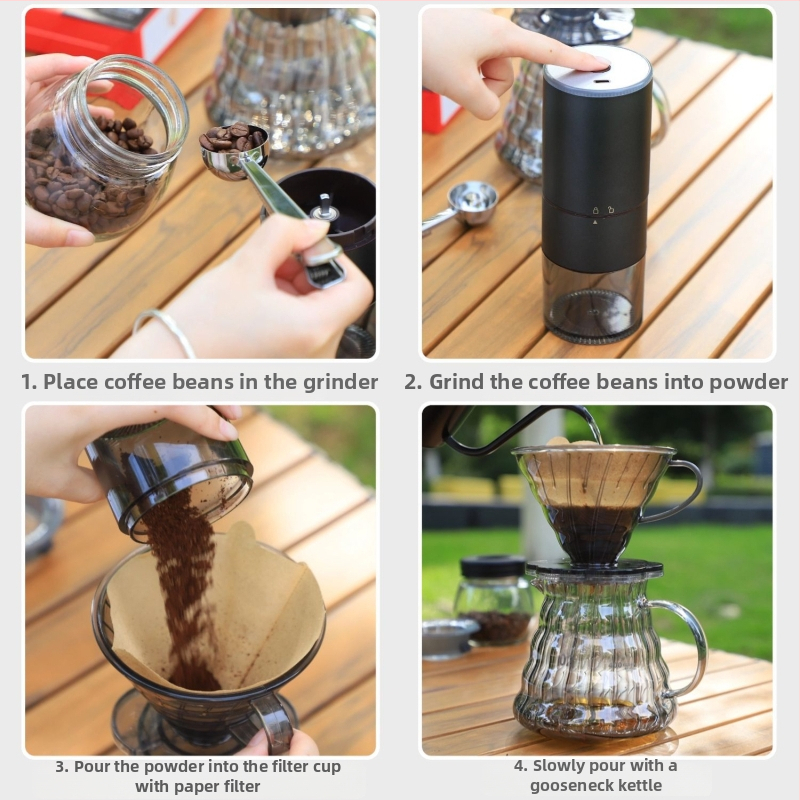 Set de cafea pentru exterior pour-over, cu râșniță manuală, carafă de cafea, cești, filtre de hârtie și linguriță de măsurare