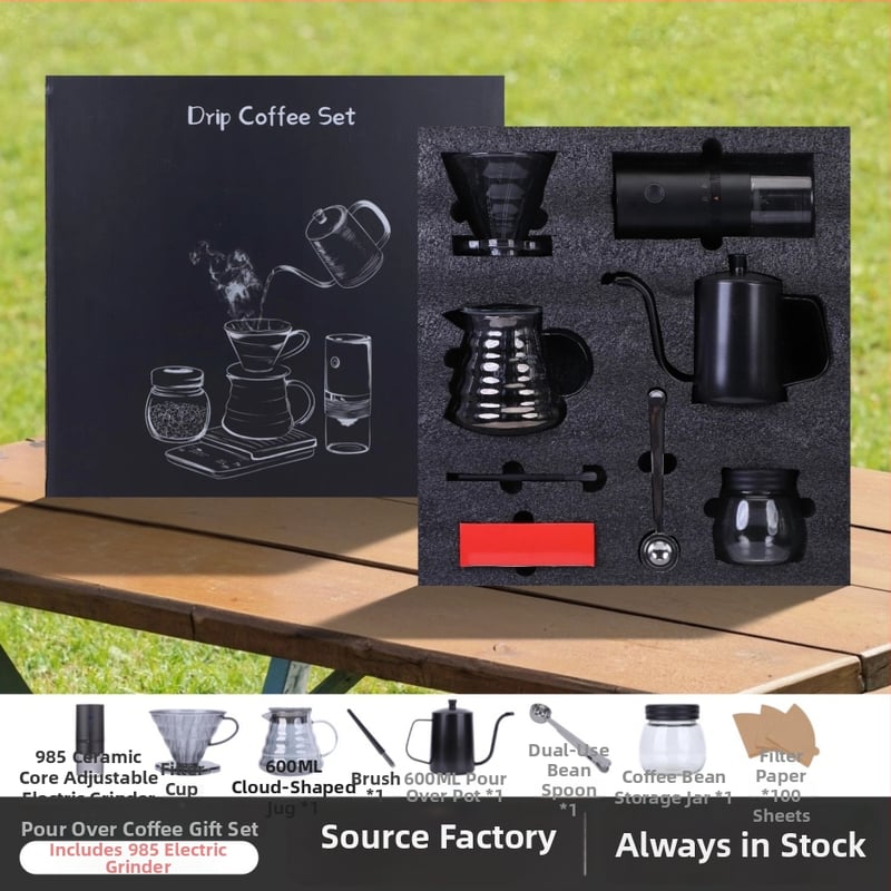 Set de cafea pentru exterior pour-over, cu râșniță manuală, carafă de cafea, cești, filtre de hârtie și linguriță de măsurare