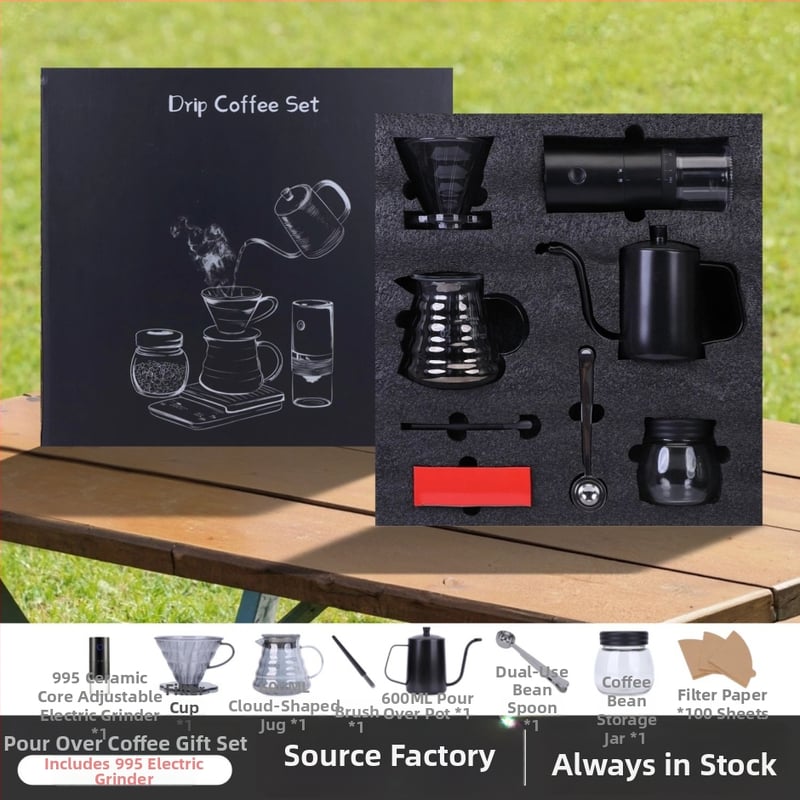 Set de cafea pentru exterior pour-over, cu râșniță manuală, carafă de cafea, cești, filtre de hârtie și linguriță de măsurare