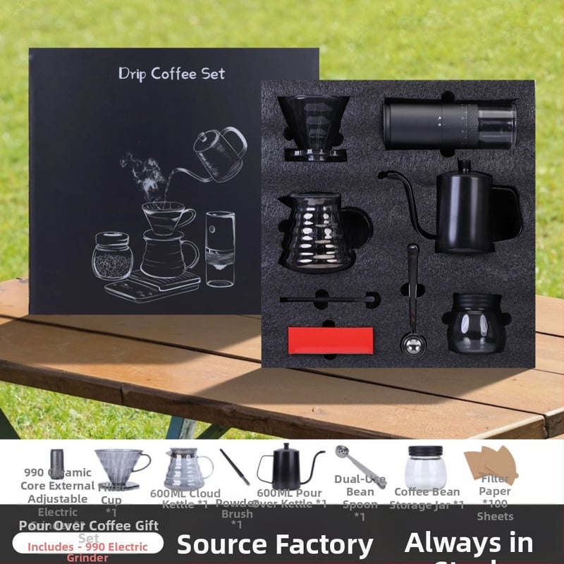 Set de cafea pentru exterior pour-over, cu râșniță manuală, carafă de cafea, cești, filtre de hârtie și linguriță de măsurare