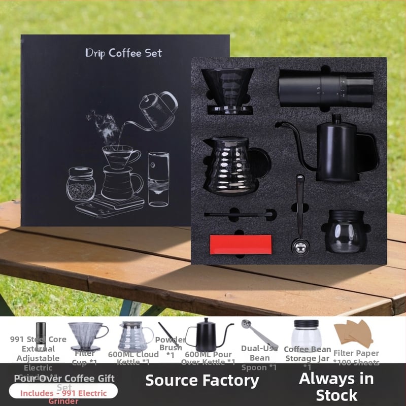Set de cafea pentru exterior pour-over, cu râșniță manuală, carafă de cafea, cești, filtre de hârtie și linguriță de măsurare