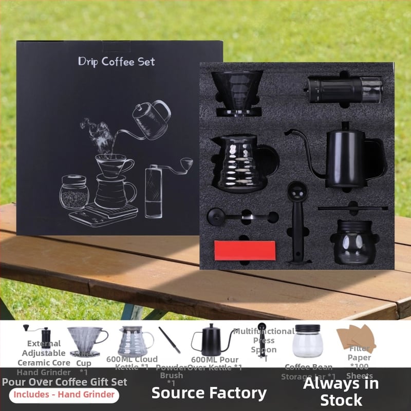 Set de cafea pentru exterior pour-over, cu râșniță manuală, carafă de cafea, cești, filtre de hârtie și linguriță de măsurare