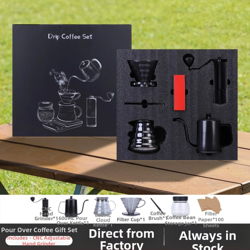 Set de cafea pentru exterior pour-over, cu râșniță manuală, carafă de cafea, cești, filtre de hârtie și linguriță de măsurare