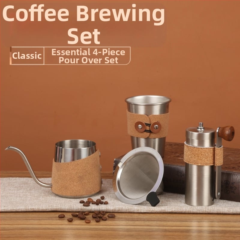 Set de cafea pentru exterior pour-over, cu râșniță manuală, carafă de cafea, cești, filtre de hârtie și linguriță de măsurare