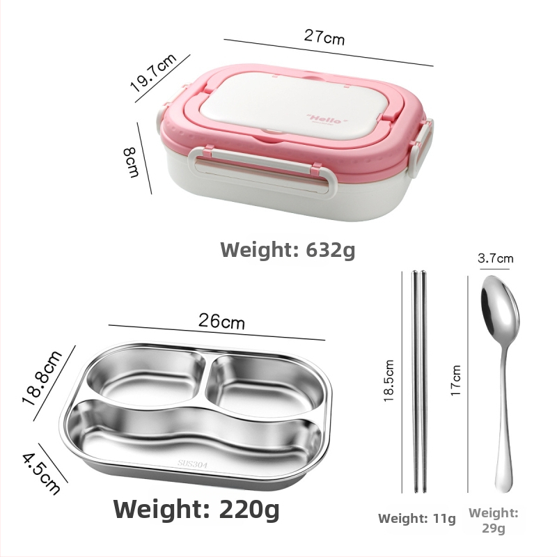 304 rozsdamentes acél ebédes doboz rekeszekkel, evőeszközökkel és leveses tálkával, 800–1000 ml, hordozható iroda és iskola számára.