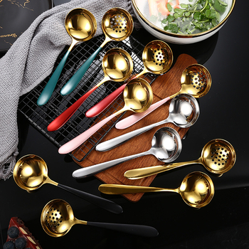 Lingură de supă din oțel inoxidabil 304 cu sită, set mare, utilizare dublă pentru ramen și hot pot