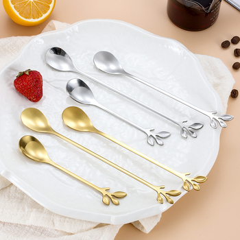 Linguriță din oțel inoxidabil cu design frunză, accent cu foiță de aur europeană – linguriță mică pentru cafea, amestecare și desert, cadou