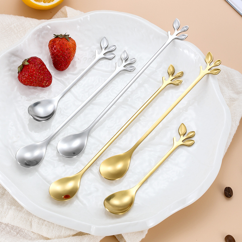 Linguriță din oțel inoxidabil cu design frunză, accent cu foiță de aur europeană – linguriță mică pentru cafea, amestecare și desert, cadou