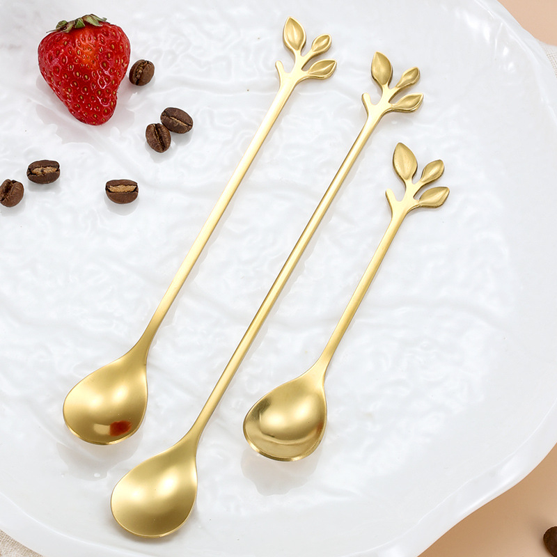 Linguriță din oțel inoxidabil cu design frunză, accent cu foiță de aur europeană – linguriță mică pentru cafea, amestecare și desert, cadou