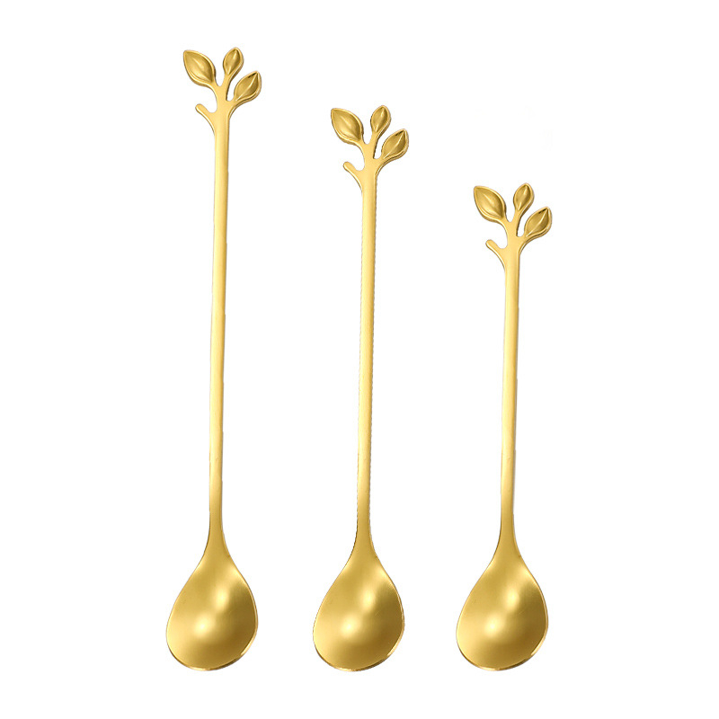 Linguriță din oțel inoxidabil cu design frunză, accent cu foiță de aur europeană – linguriță mică pentru cafea, amestecare și desert, cadou