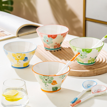 Bol ceramic cu patru anotimpuri, cu două mânere, porțelan, picior înalt, 500 ml