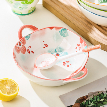 Bol ceramic cu patru anotimpuri, cu două mânere, porțelan, picior înalt, 500 ml