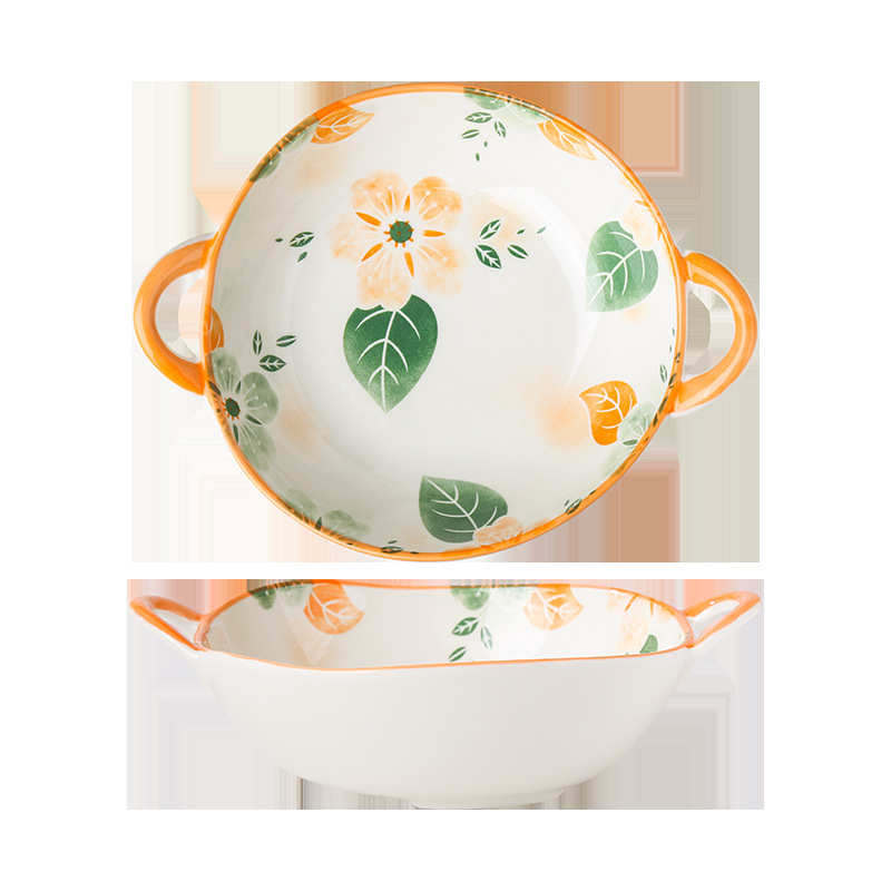 Bol ceramic cu patru anotimpuri, cu două mânere, porțelan, picior înalt, 500 ml