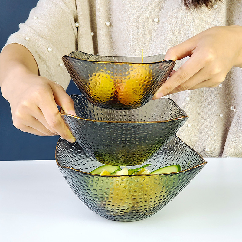 Vas de salată din sticlă, margine auriu, formă pătrată de tip pălărie, stil japonez, pentru legume și fructe